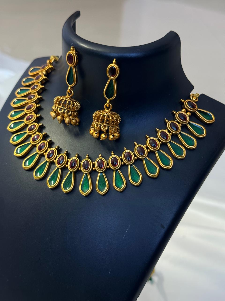 Green Enamelled Nagapadam Necklace With Earrings