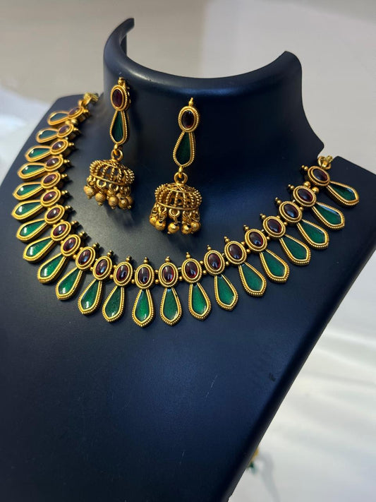 Green Enamelled Nagapadam Necklace With Earrings