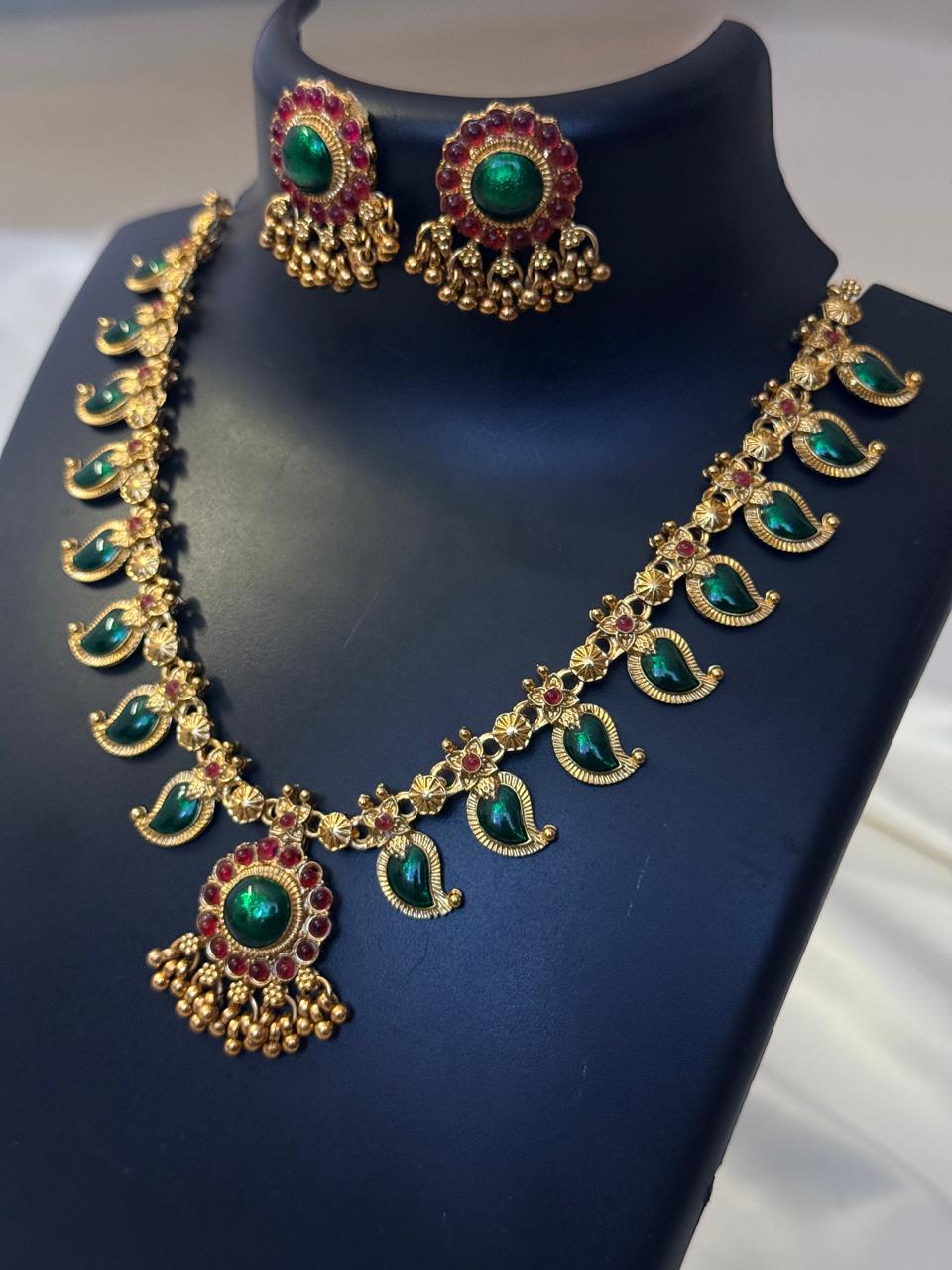 Green  Enamelled Mango Necklace With Earrings