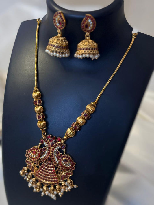 Kemp Multicolor Peacock And Nakshi Beads Necklace With Earrings