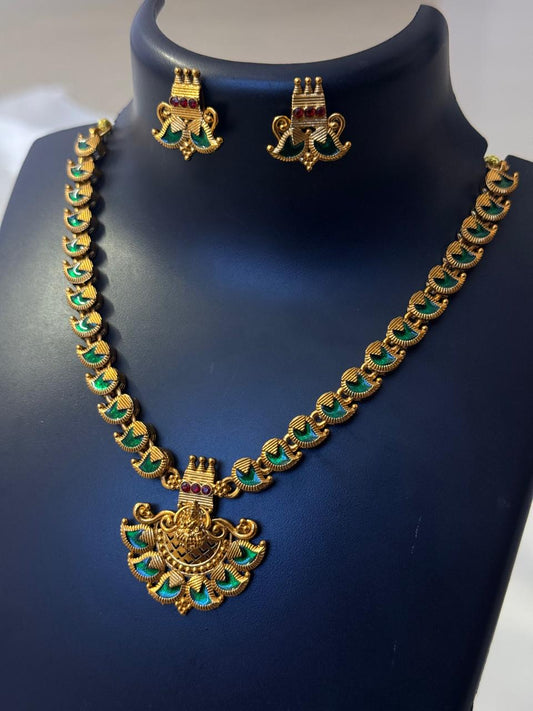 Green Enamelled Mango Design With Lakshmi Pendant Necklace With Earrings