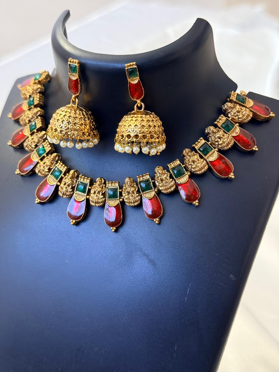 Red Enamelled Nagapadam With Lakshmi Necklace With Earrings