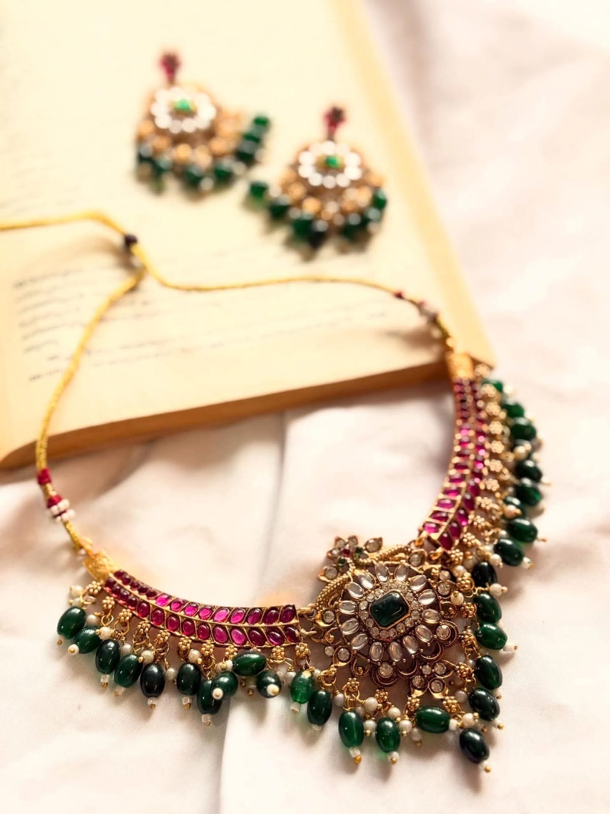 Ruby Necklace With Green Beads Hangings Necklace With Earrings