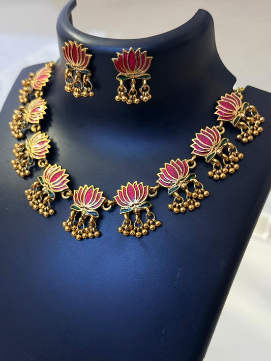 Pink Lotus With Golden Gungroo Drops Necklace With Earrings