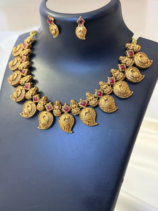 Lakshmi And Peacock Motif In Mango Design (Red) Necklace With Earrings