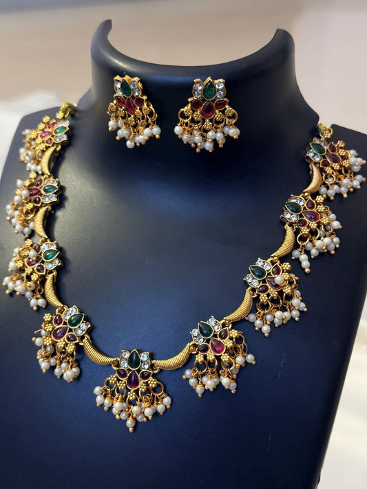 Multicolor Stone Lotus And Gungroos Necklace With Earrings