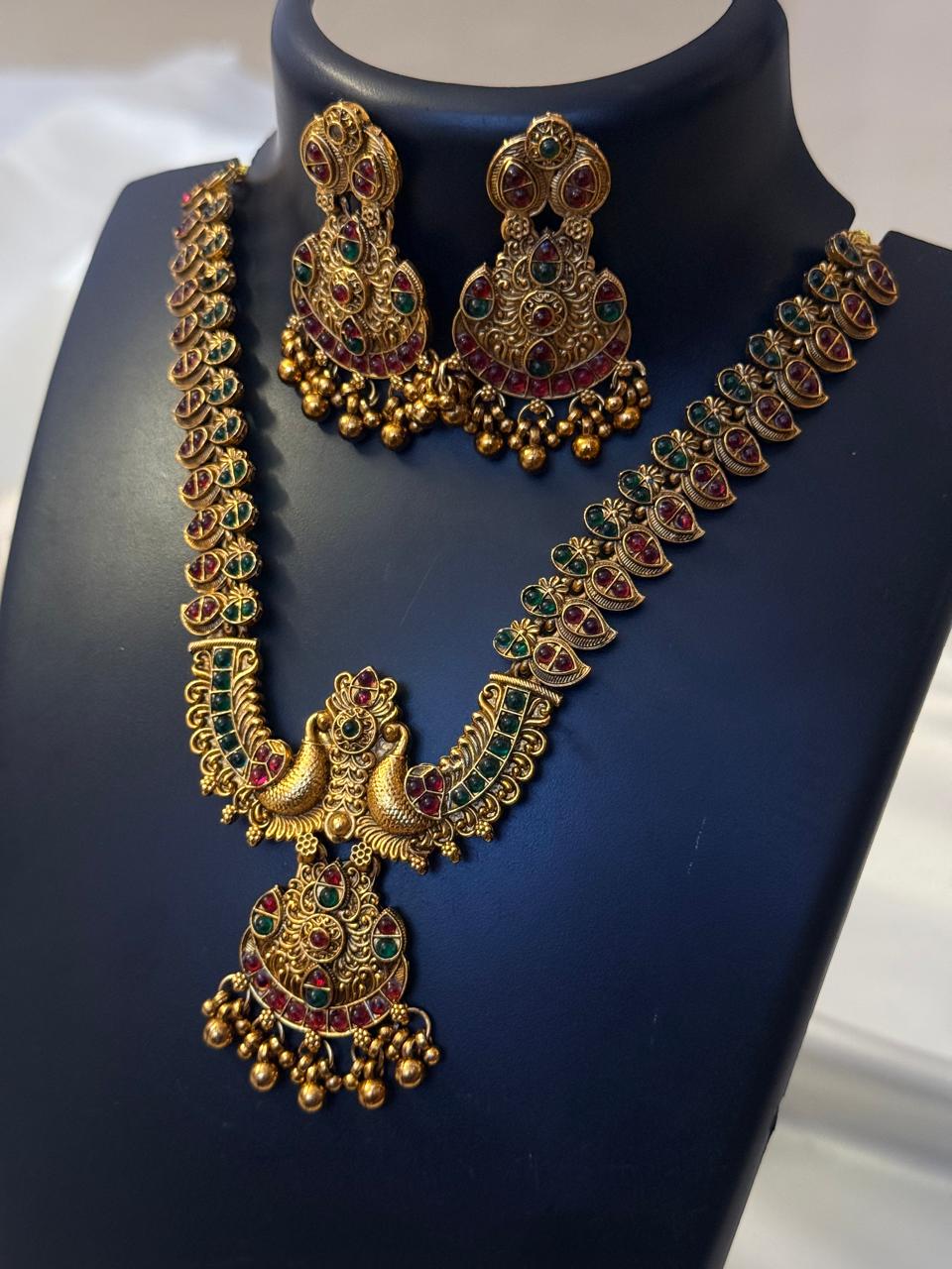 Multicolor Peacock And Flower Motif Necklace With Earrings