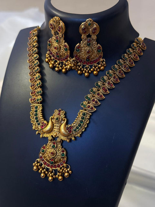 Multicolor Peacock And Flower Motif Necklace With Earrings