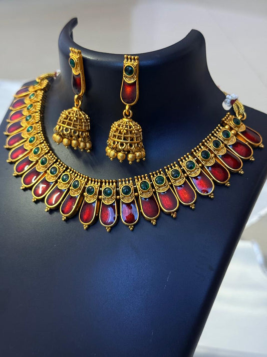 Red Enamelled Nagapadam Necklace With Earrings