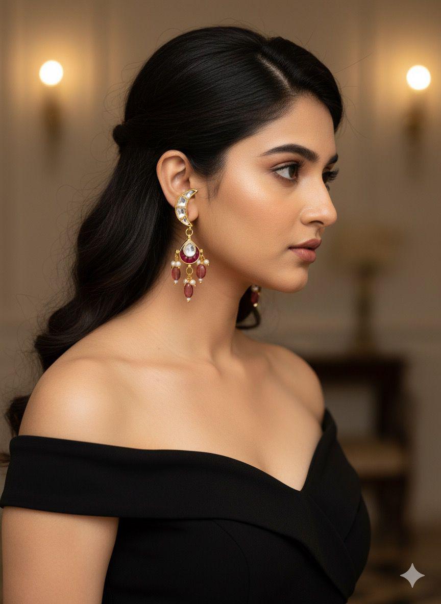 Jadau Kundan White Moon With Pendant Hanging Earrings