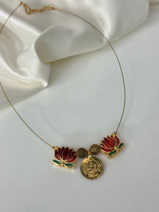 Red Enamelled Lotus With Impon Lakshmi Coin Handmade Necklace With Earrings