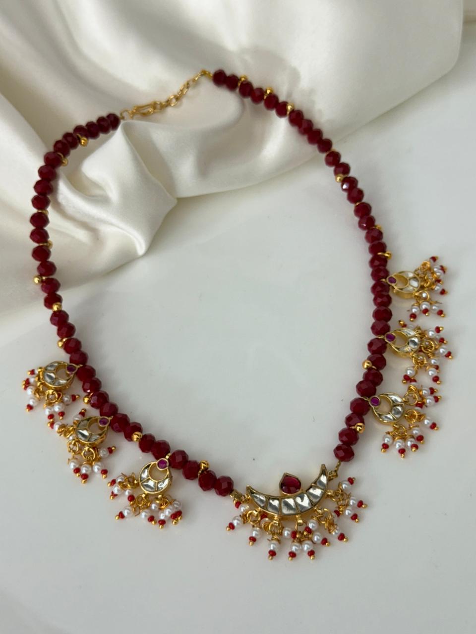 Jadau Kundan Pendants With Red Beads Neckalace With Earrings