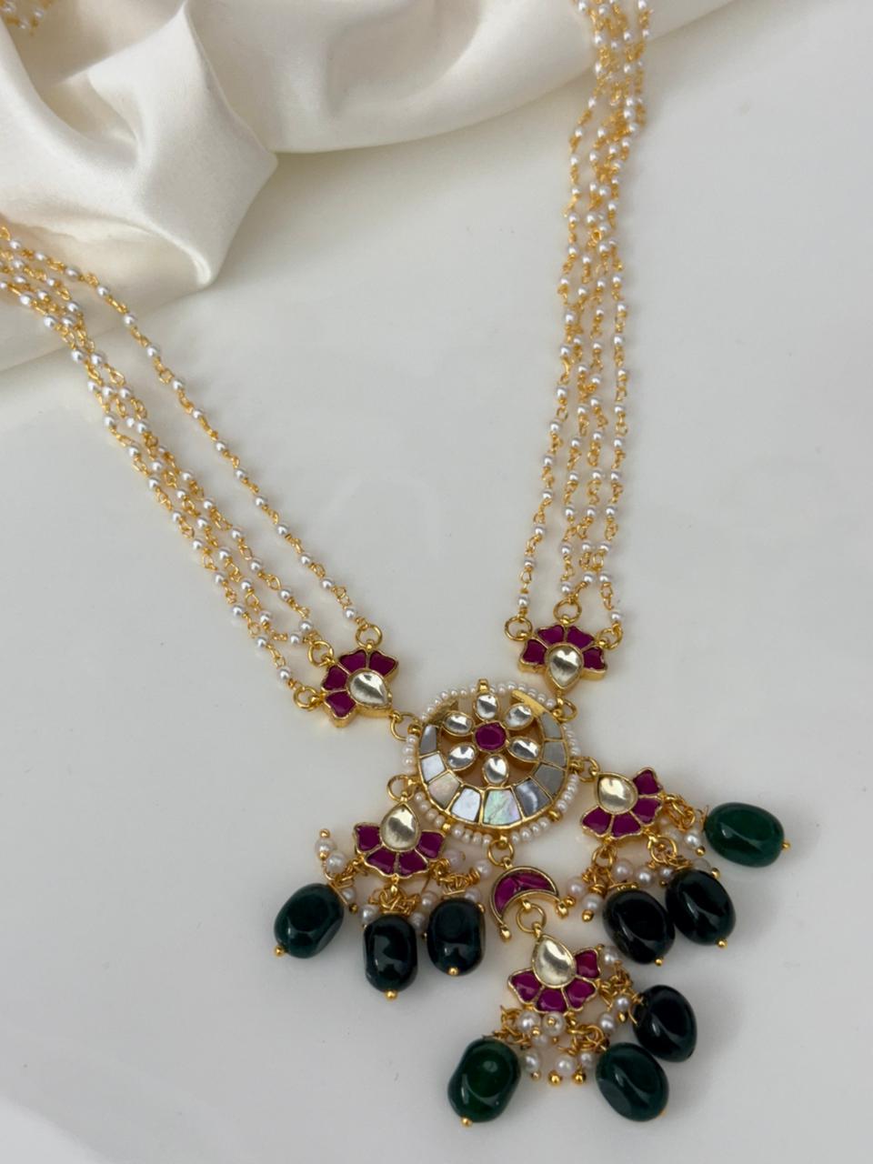 Jadau Kundan Multiple Pendants With Pearl Chain Necklace With Earrings