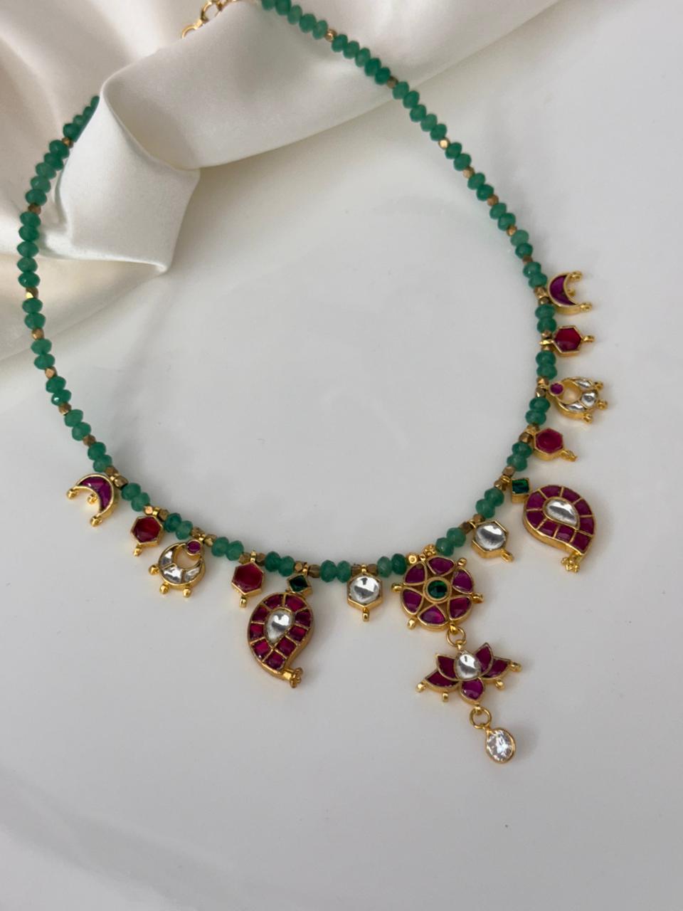 Jadau Kundan Multiple Pendants With Mint Colour Beads Chain Necklace With Earrings