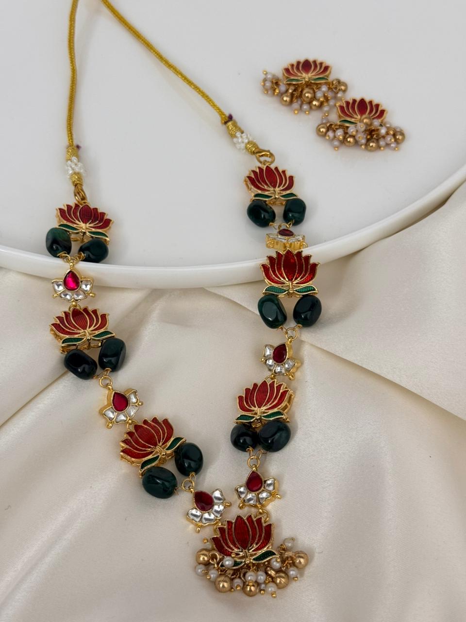 Jadau Kundan Flower Pendants With Enamelled Lotus Pendants With Jade Stones With Earrings