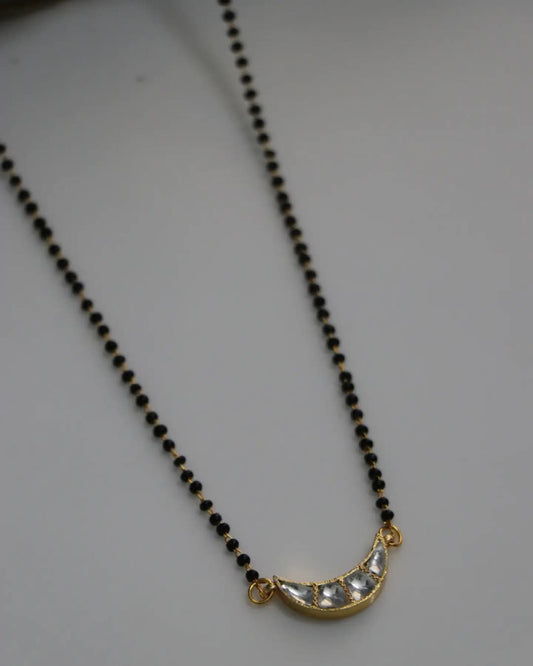 Jadau Kundan Moon Pendant In Black Chain Handmade Necklace