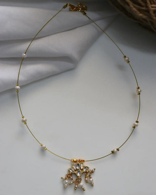Moissanite Lotus With Freah Pearls Handmade Necklace