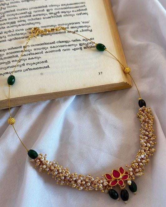 Red Lotus Pendant With Ghungroo Bunch Handmade Necklace With Earrings