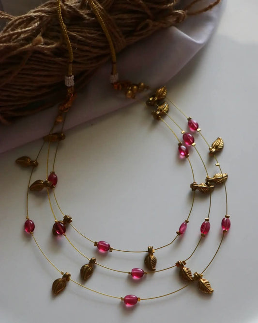 Triple Layer Brass Charms With Pink Beads Handmade Necklace