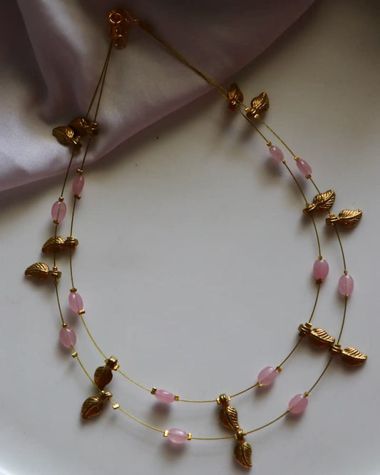Double Layer Brass Charms With Baby Pink Beads Handmade Necklace