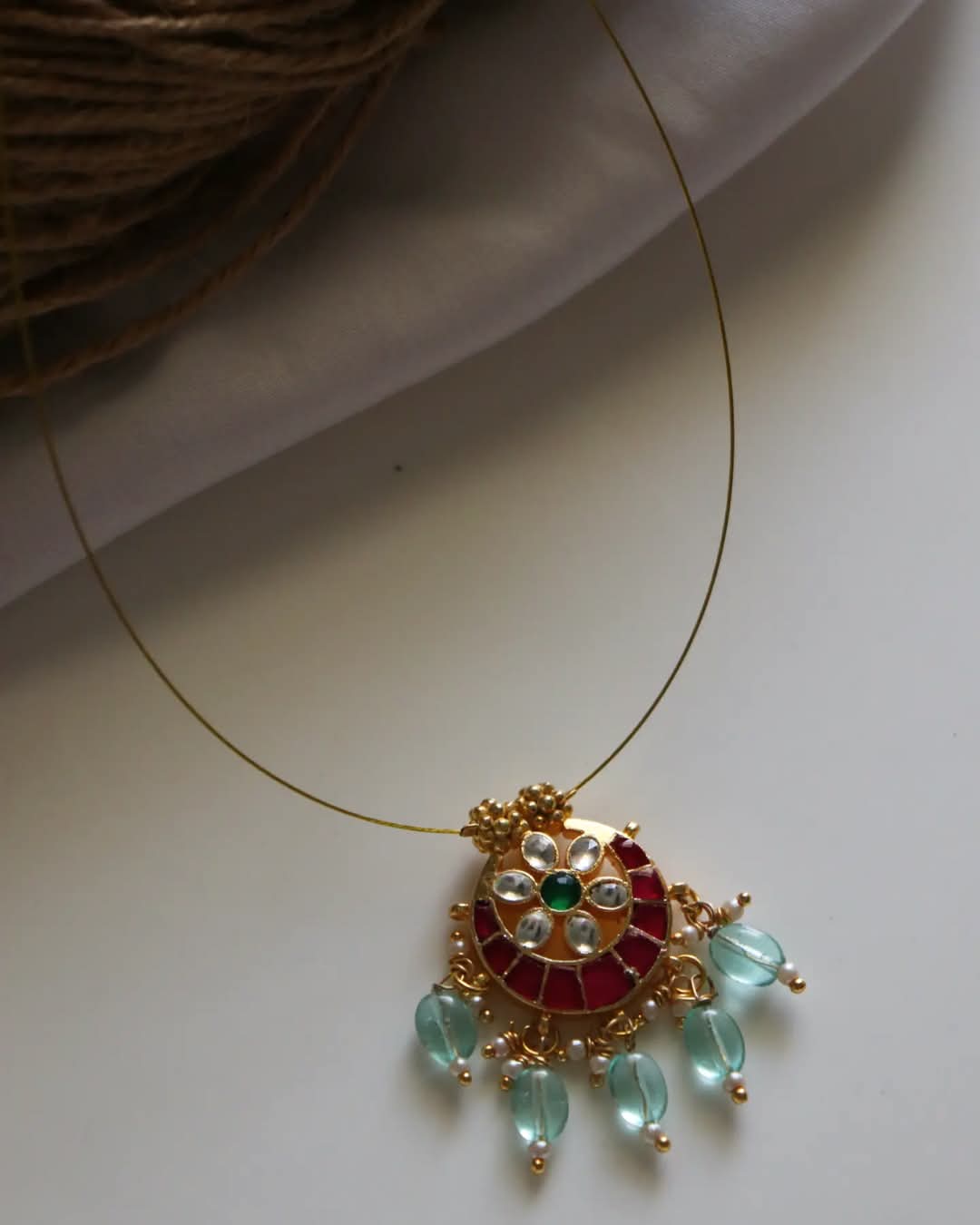 Jadau Kundan Flower Pendant With Pastel Beads Drops Handmade Necklace