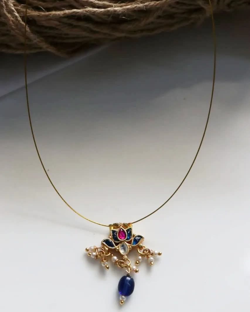 Jadau Kundan Blue Lotus Pendant Handmade Necklace