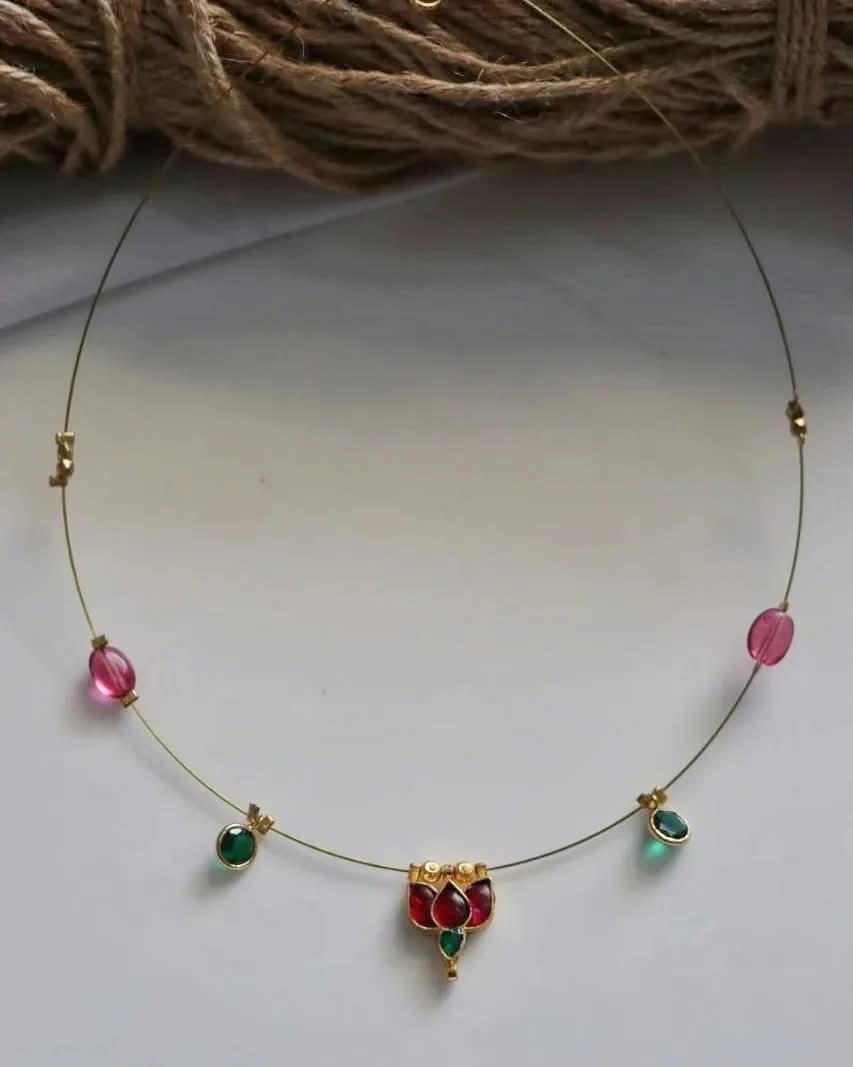 Jadau Kundan Lotus With Green Polki Drops Handmade Necklace