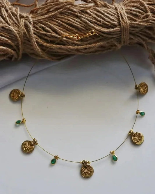 Brass Charms With Green Polki Drops Handmade Necklace