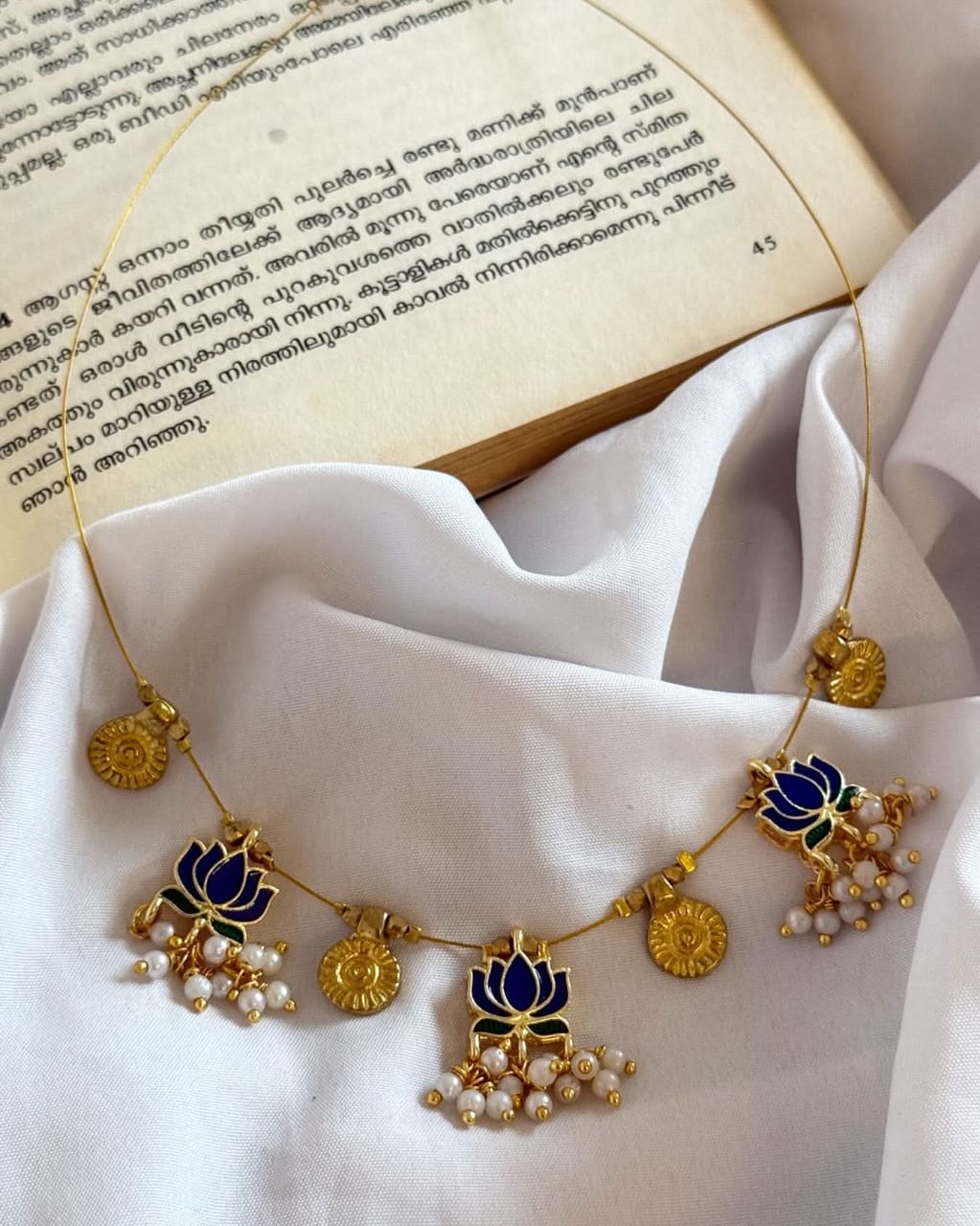 Enamelled Lotus With Brass Coins Handmade Necklace With Earrings