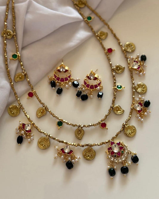 Double Layer Multiple Jadau Kundan With  Brass Charms And Facet Beads Handmade Necklace With Earrings