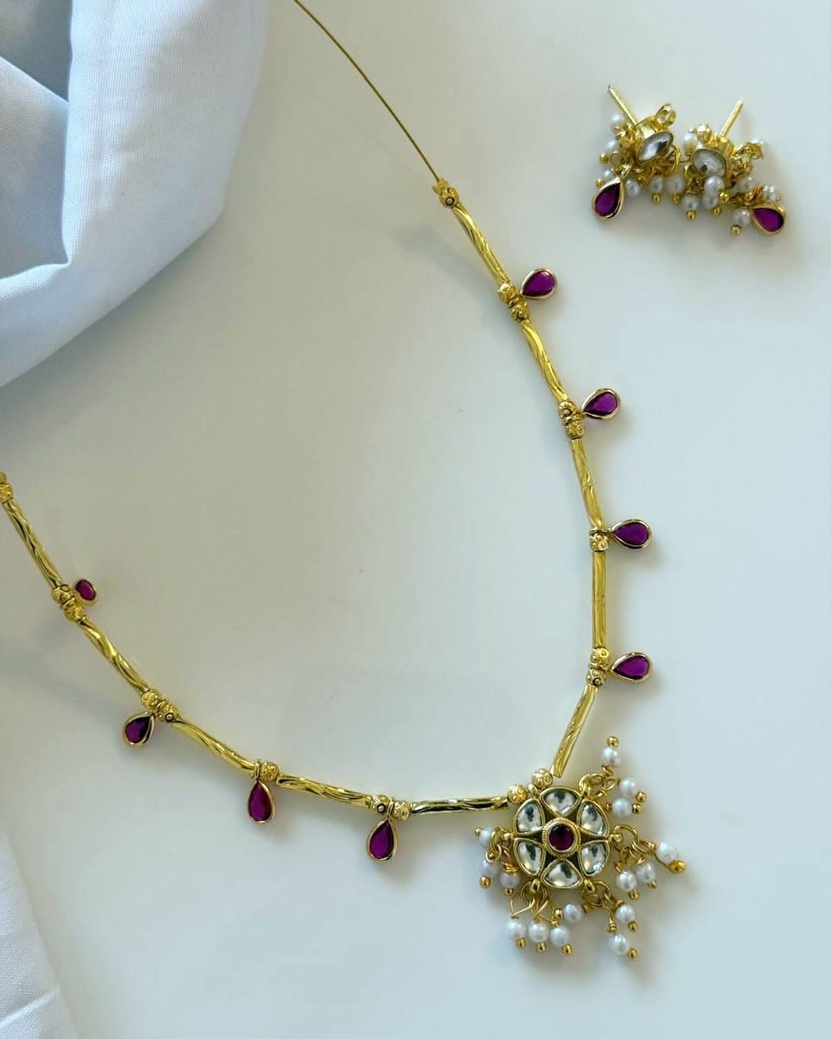 Jadau Kundan Flower Pendants And Pink Polki Drops Handmade Necklace With Earrings