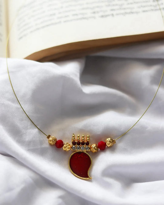 Enamelled Mango Pendants With Golden And Red Beads Handmade Necklace