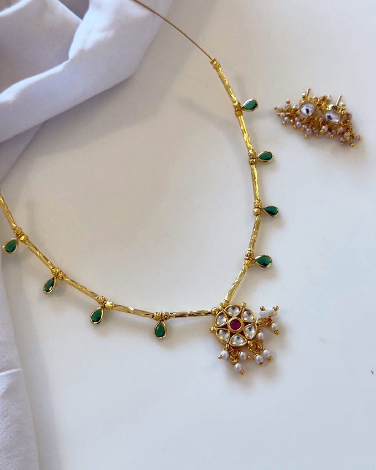 Jadau Kundan Flower Pendants And White Polki Drops Handmade Necklace With Earrings