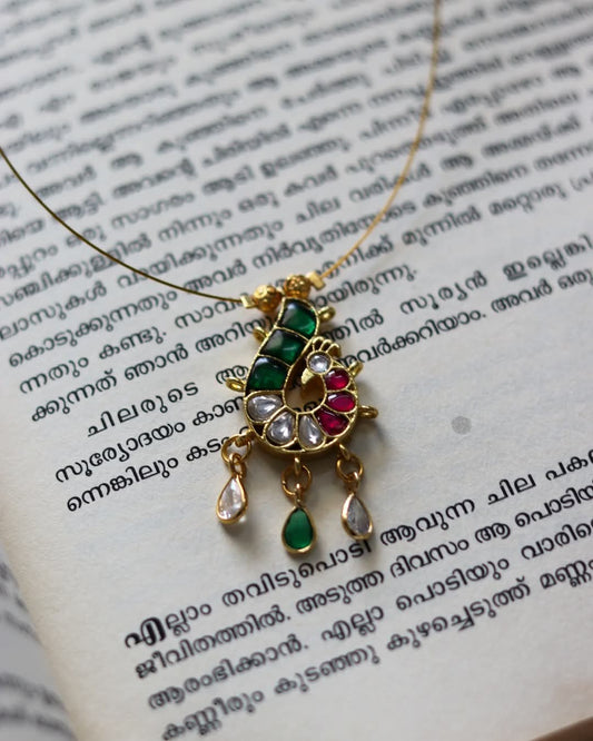 Jadau Kundan Peacock Pendant With Polki Drops Handmade Necklace