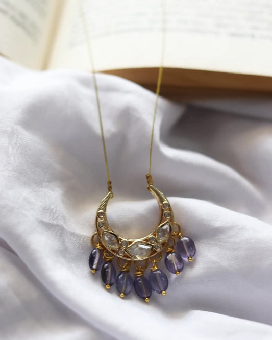 Moissannite Stone Moon Pendant With Purple Beads As Drops Handmade Necklace