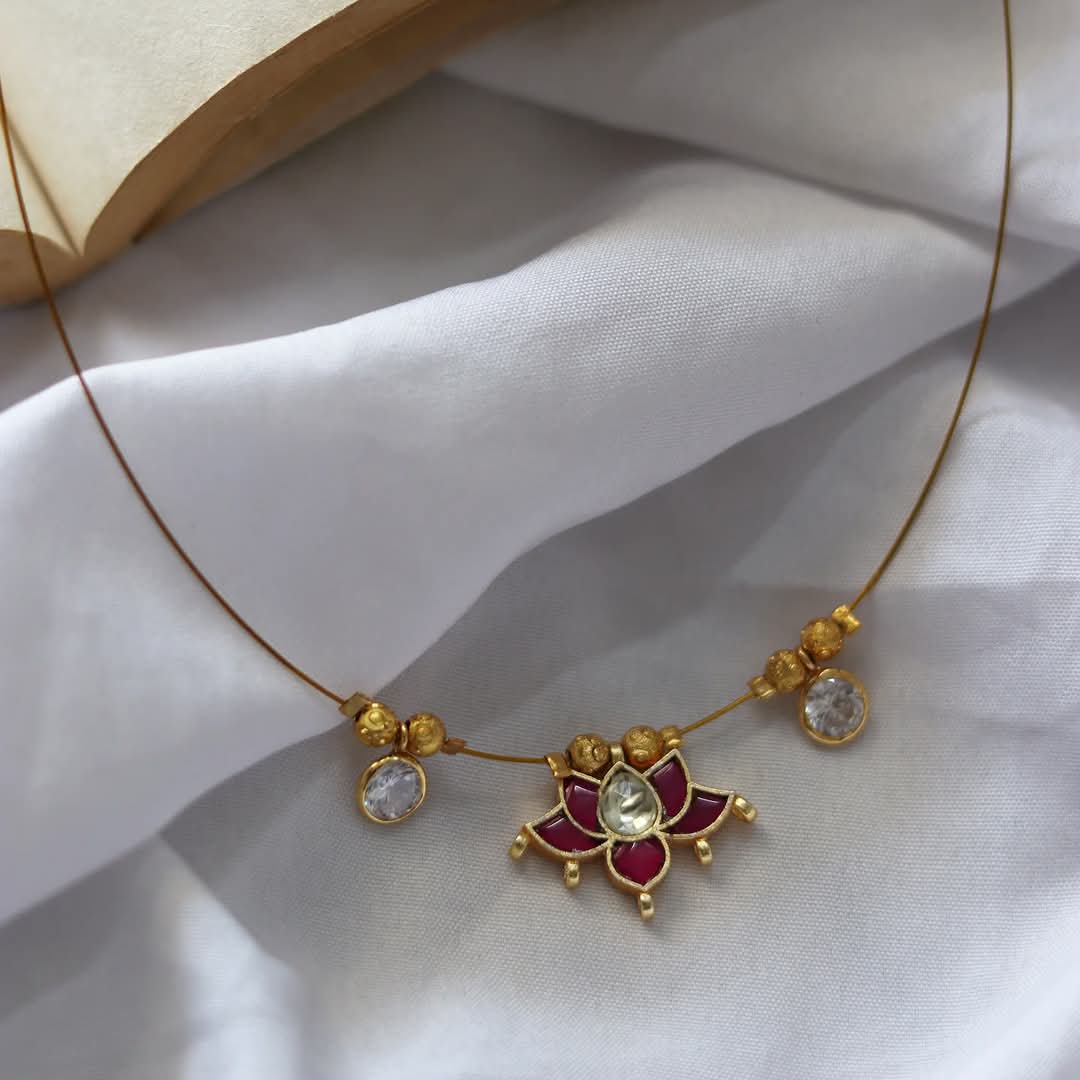 Jadau Kundan Lotus With Polki Drops Handmade Necklace