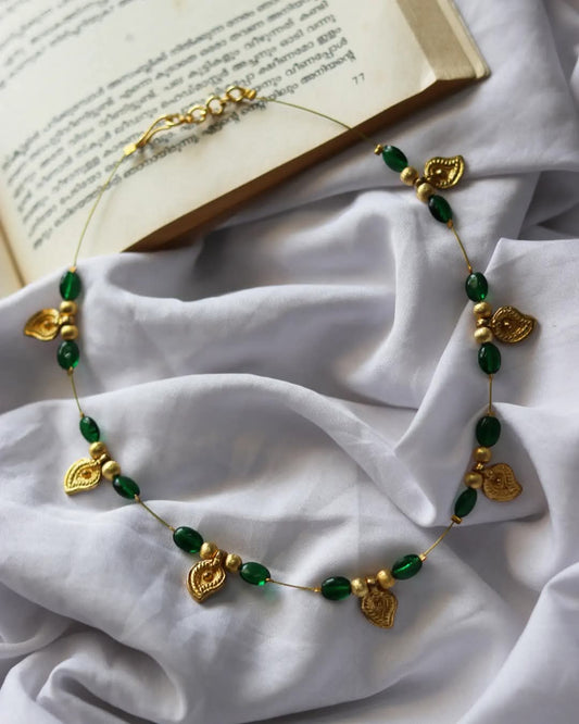 Brass Mango Pendants With Green And Golden Beads Handmade Necklace