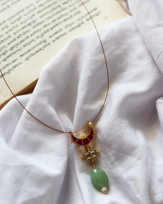 Jadau Kundan Lotus With Green Polki Drops Handmade Necklace