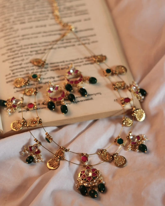 Jadau Kundan Multiple Pendants With Brass Charms Handmade Necklace With Earrings