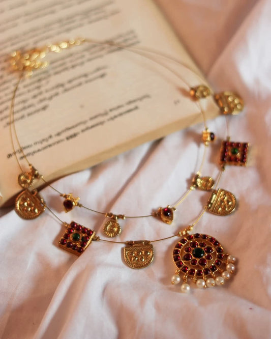 Double Layer Kemp Round Pendant And Kemp Charms With Brass Charms ( Maroon ) Handmade Necklace