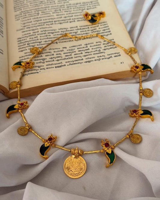 Impon Lakshmi Coin With Brass And Kemp Charms Necklace With Earrings