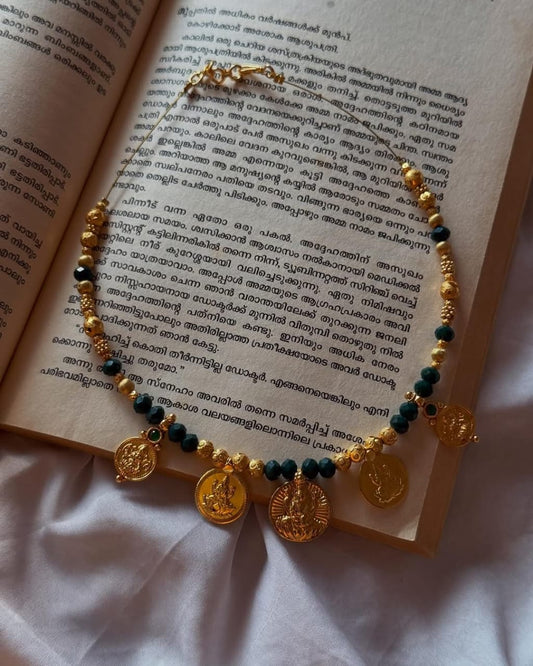 Lakshmi Coins With Different Design In Green And Golden Mixed Bead Chain Handmade Necklace