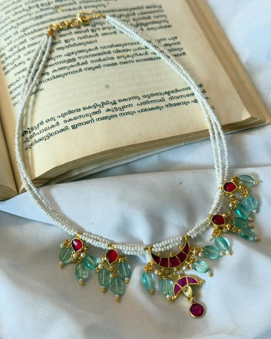 Jadau Kundan Pendants In Sugar Beads Chain Handmade Necklace With Earrings