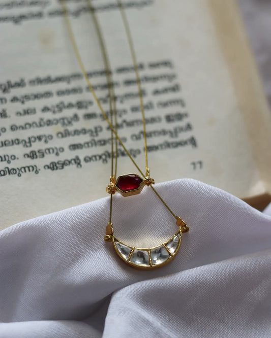 Jadau Kundan White Moon Pendant With Single Ruby Stone Double Layer Handmade Necklace