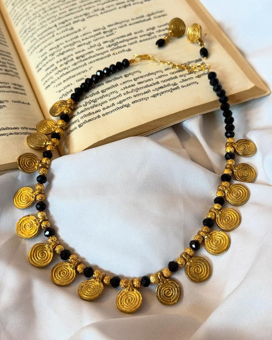 Brass Spiral Coin Charm With Golden And Black Beads Handmade Necklace With Earrings