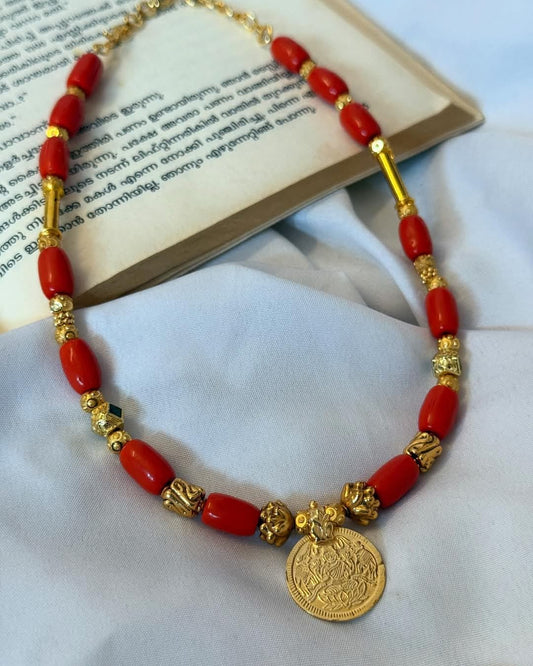 Coral Beads With Premium Spacers And Impon Lakshmi Coin Handmade Necklace