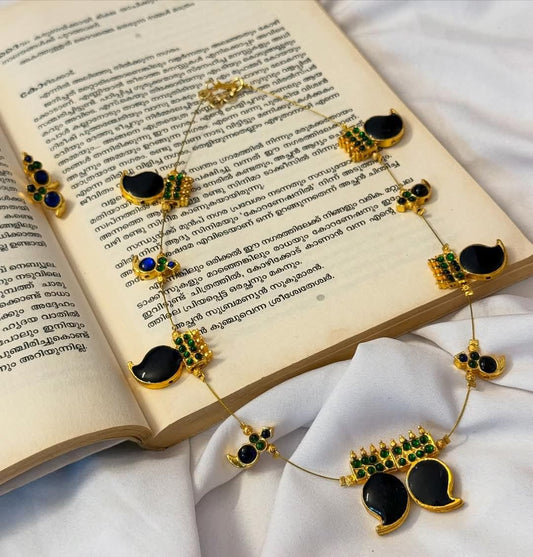 Enamelled Navi Blue Mango Charms And Kemp Pendants Necklace With Earrings