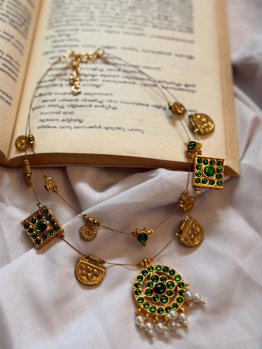 Double Layer Kemp Round Pendant And Kemp Charms With Brass Charms Handmade Necklace With Earrings( Green )