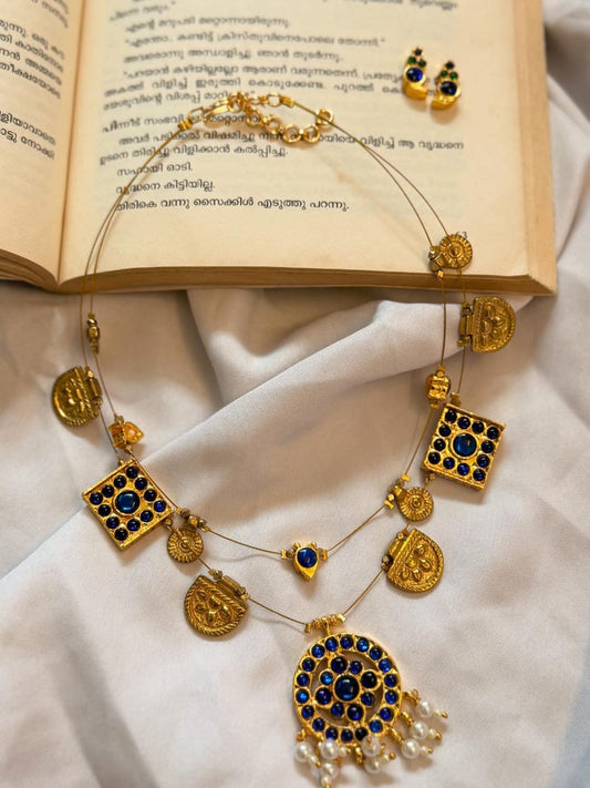 Double Layer Kemp Round Pendant And Kemp Charms With Brass Charms Handmade Necklace With Earrings ( Blue )