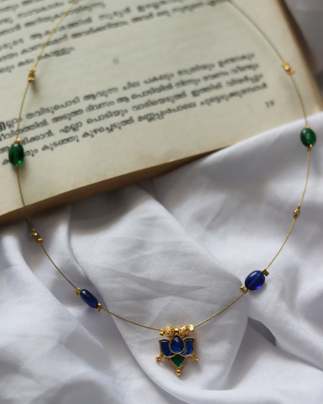 Jadau Kundan Blue Lotus Pendant Handmade Necklace